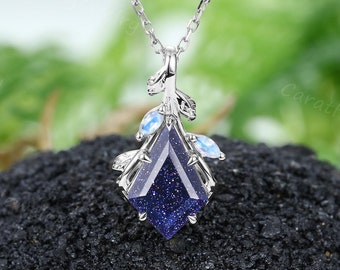 Kite Cut Blue Sandstone Galaxy Pendant Necklace White Gold Pendant