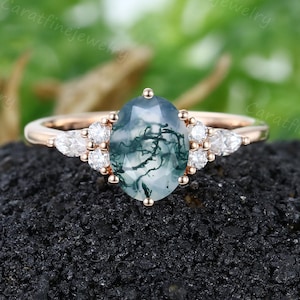 Oval cut Moss agate ring Unique Rose gold Moss agate engagement ring Art deco Marquise cut Diamond ring Antique ring Bridal promise ring