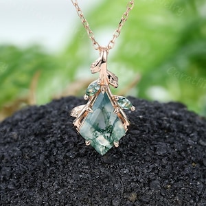 Kite cut Moss agate Pendant Necklace Rose gold pendant Necklace for Women marquise cut moss agate Necklace Bridal Jewelry promise gift women
