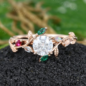Unique Moissanite ring Vintage Rose gold engagement ring familial Brithstone ring Leaf Branch ring Nature inspired ring Promise ring gift