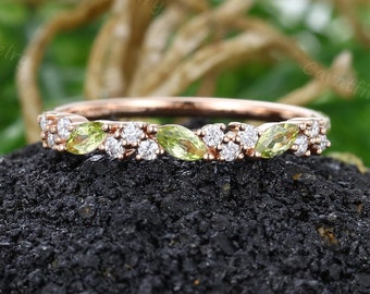 Marquise cut green Peridot wedding band Vintage Rose gold Moissanite wedding band Half eternity Diamond Stackable ring Matching ring for her