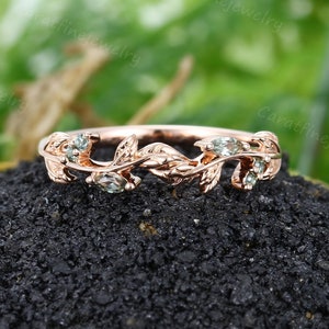 Marquise cut Green sapphire curved wedding band Unique Rose gold wedding ring Leaf Nature inspired Stacking band Promise Anniversary gift