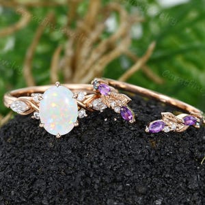 Oval geschnittener weißer Opal-Verlobungsring Vintage-Roségold-Brautring-Set Blattring Marquise-Schnitt Amethyst Gebogener offener Ring Jahrestagsring