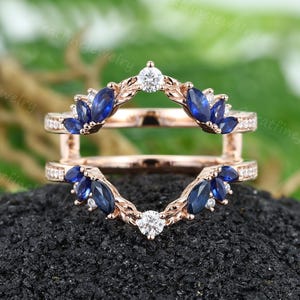 Blue sapphire Double band Curved wedding band Unique Rose gold ring enhancer band Moissanite Wrap wedding ring women Open stacking ring gift