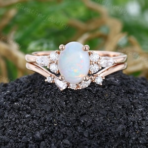 Oval cut Natural Opal engagement ring set Rose gold Opal Bridal ring set Cluster Diamond wedding ring set Art deco Promise ring set for her