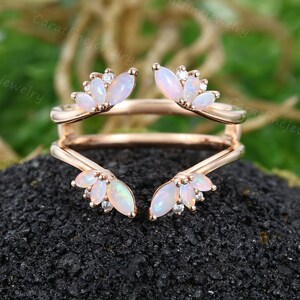 Unique Natural Opal ring Enhancer Solid Rose gold Double Curved wedding band Moissanite wedding band Wrap ring Stacking band for Women
