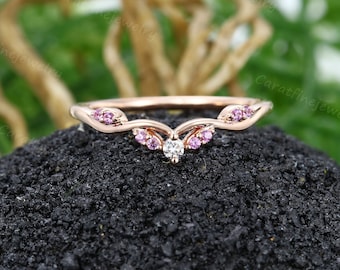 Natural Pink sapphire Wedding band Vintage Rose gold Moissanite Curved wedding ring Bridal Stacking band Art deco Promise Anniversary ring