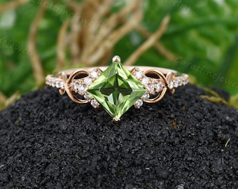 Princess cut Peridot ring Unique Rose gold engagement ring Twist Moissanite ring Art deco ring Cluster ring Promise ring gift for women