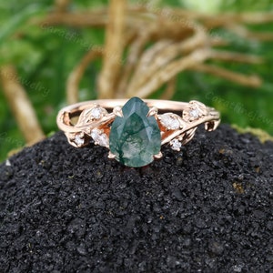 Pear shaped Moss agate ring Vintage Rose gold engagement ring Teardrop Branch ring Marquise cut Diamond ring Bridal ring promise ring