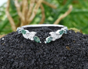 Open Moss agate curved wedding band Unique White gold Alexandrite wedding ring Leaf Moissanite Stacking band Promise Anniversary gift ring
