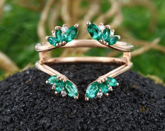 Enhancer band Emerald Curved wedding band Unique Rose gold Double band Moissanite Wrap wedding ring women Open stacking ring gift for women