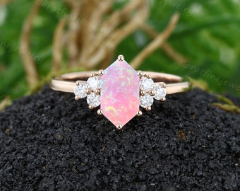 Hexagon cut Pink Opal ring Dainty Rose gold Opal engagement ring Moissanite Cluster wedding ring Bridal ring promise ring gift for women