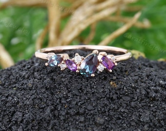 Alexandrite wedding band Unique Rose gold ring Baguette cut Amethyst wedding band Moissanite Stacking band Birthstone ring Anniversary ring