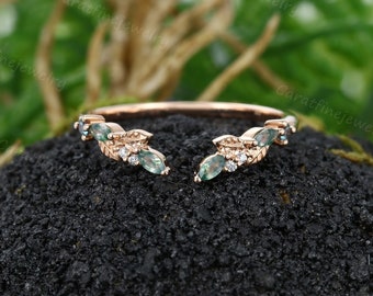 Open Moss agate curved wedding band Unique Rose gold Alexandrite wedding ring Leaf Moissanite Stacking band Promise Anniversary gift ring