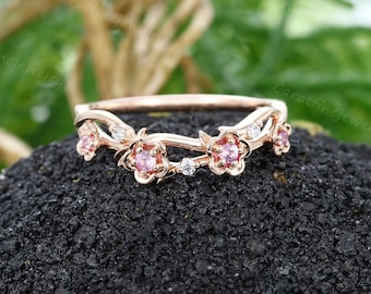 Floral Pink sapphire curved wedding band Unique Rose gold wedding ring Twig Moissanite Stacking band Bridal Promise Anniversary ring gift