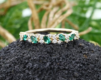 Unique Emerald wedding band engagement band Vintage Pear cut Emerald band stacking matching band Solid Yellow band anniversary band ring