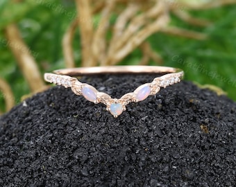 Marquise cut Opal wedding band Unique Rose gold Diamond Curved wedding band Leaf Matching Stacking band Vintage Promise ring women gift