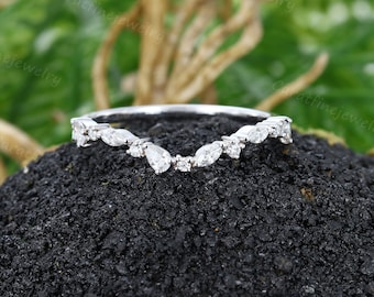 White gold cluster Moissanite Curved wedding band Unique Half eternity Marquise cut Diamond wedding band Antique Stackable ring Promise ring