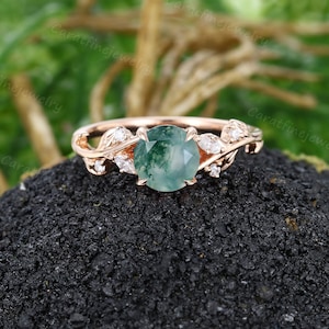 Twig Natural Moss agate Engagement ring Unique Vintage Rose gold Leaf Branch ring marquise cut Moissanite ring Nature inspired Promise ring