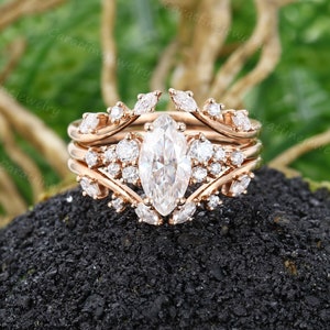 Marquise cut Moissanite engagement ring set Unique Rose gold Bridal ring set Women Cluster Diamond Enhancer wedding ring set Promise ring