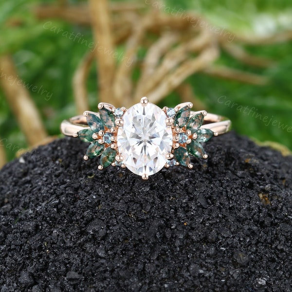 Oval cut Moissanite engagement ring Vintage Rose gold ring Marquise cut Moss agate Alexandrite ring Bridal Cluster ring promise ring gift