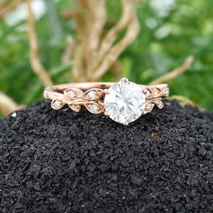 Leaf Moissanite engagement ring Vintage Rose gold ring Round cut Diamond ring Nature inspired ring art deco ring Bridal Promise ring