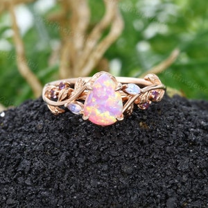 Pear shaped Pink Opal ring Vintage Rose gold Teardrop Opal engagement ring Marquise cut Moonstone ring Amethyst ring Antique promise ring