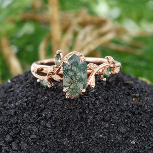 Green Moss agate ring Vintage Rose gold engagement ring Marquise cut Moss agate ring Leaf ring Twig ring nature inspired ring promise ring