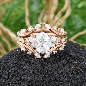 Oval cut Moissanite engagement ring set Vintage Rose gold Bridal ring set Marquise cut Diamond Enhancer wedding ring set Promise ring