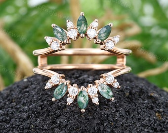 Marquise cut Moss agate Double wedding band Unique Rose gold ring enhancer Diamond Curved ring Wrap ring women stacking ring customs ring