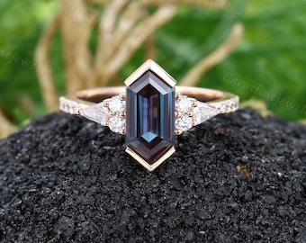 Hexagon cut Alexandrite ring Unique Rose gold engagement ring Art deco Kite cut Diamond ring Half eternity Pave ring Bezel ring promise ring