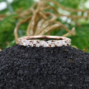 Marquise cut Moissanite wedding band Vintage Rose gold wedding band Half eternity Diamond Stackable ring Matching ring Anniversary ring