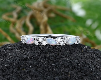 Marquise cut Natural Opal Wedding band Vintage White gold Diamond half eternity band Unique Matching ring Moissanite Promise ring women gift
