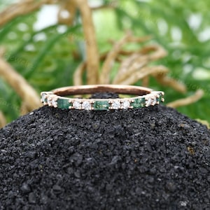 Baguette cut Moss agate wedding band Dainty Half eternity Moissanite band stacking band matching band rose gold band anniversary band ring