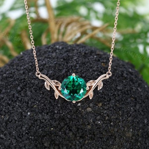 Round cut Emerald pendant necklace Rose gold Unique Leaf Branch Emerald necklace for women May birthstone pendant Bridal Anniversary gift