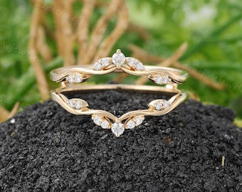 Moissanite Double wedding band Unique Yellow gold ring enhancer ring Round cut Diamond Wrap wedding ring women stacking ring gift for her
