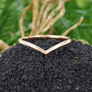 14k Solid Rose gold Plain Curved wedding band Minimalist Women Wishbone ring Thin band Chevron Stacking ring V Shaped Ring Promise ring
