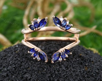 Blue sapphire Curved wedding band Unique Rose gold ring enhancer band Moissanite Wrap wedding ring women Open stacking ring gift for women