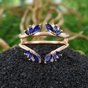 Blue sapphire Curved wedding band Unique Rose gold ring enhancer band Moissanite Wrap wedding ring women Open stacking ring gift for women