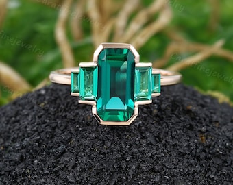 Emerald engagement ring Vintage Unique Gemstone engagement ring Rose gold ring Baguette cut Emerald ring May birthstone ring Promise ring