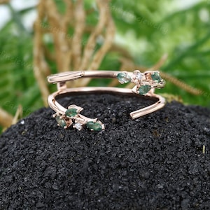 Green Moss agate Curved wedding band Unique Rose gold ring enhancer band Round cut Moissanite Wrap wedding ring women stacking ring gift
