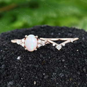 Oval cut Natural Opal engagement ring set Rose gold Opal Bridal ring set Round cut Diamond wedding ring set Women Art deco Promise ring set