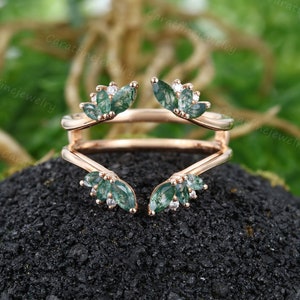 Moss agate Curved wedding band Unique Rose gold ring enhancer band Moissanite Wrap wedding ring women Open stacking ring gift for women