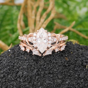 Marquise cut Moissanite engagement ring set Vintage Rose gold Diamond Bridal set Kite cut Moissanite Open wedding band Art deco Promise ring