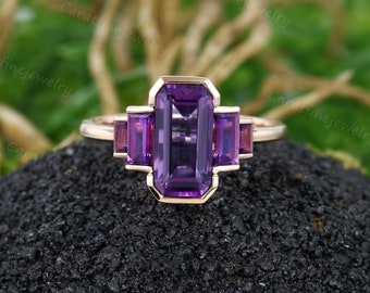 Vintage Amethyst ring Unique Rose Gold Engagement Ring Baguette cut Amethyst ring Purple Crystal Bridal ring Bezel set ring Promise ring