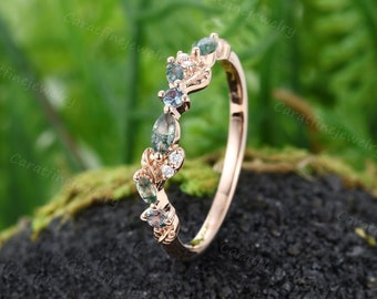 Leaf Moss agate wedding band Unique Rose gold Alexandrite wedding ring Nature inspired Moissanite Stacking band Promise Anniversary ring