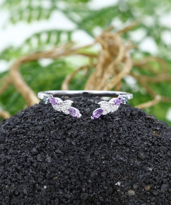 Unique Amethyst Wedding Band Open White Gold Alexandrite Curved Wedding Ring Moissanite Leaf Stackable Ring Promise Anniversary Gift Ring