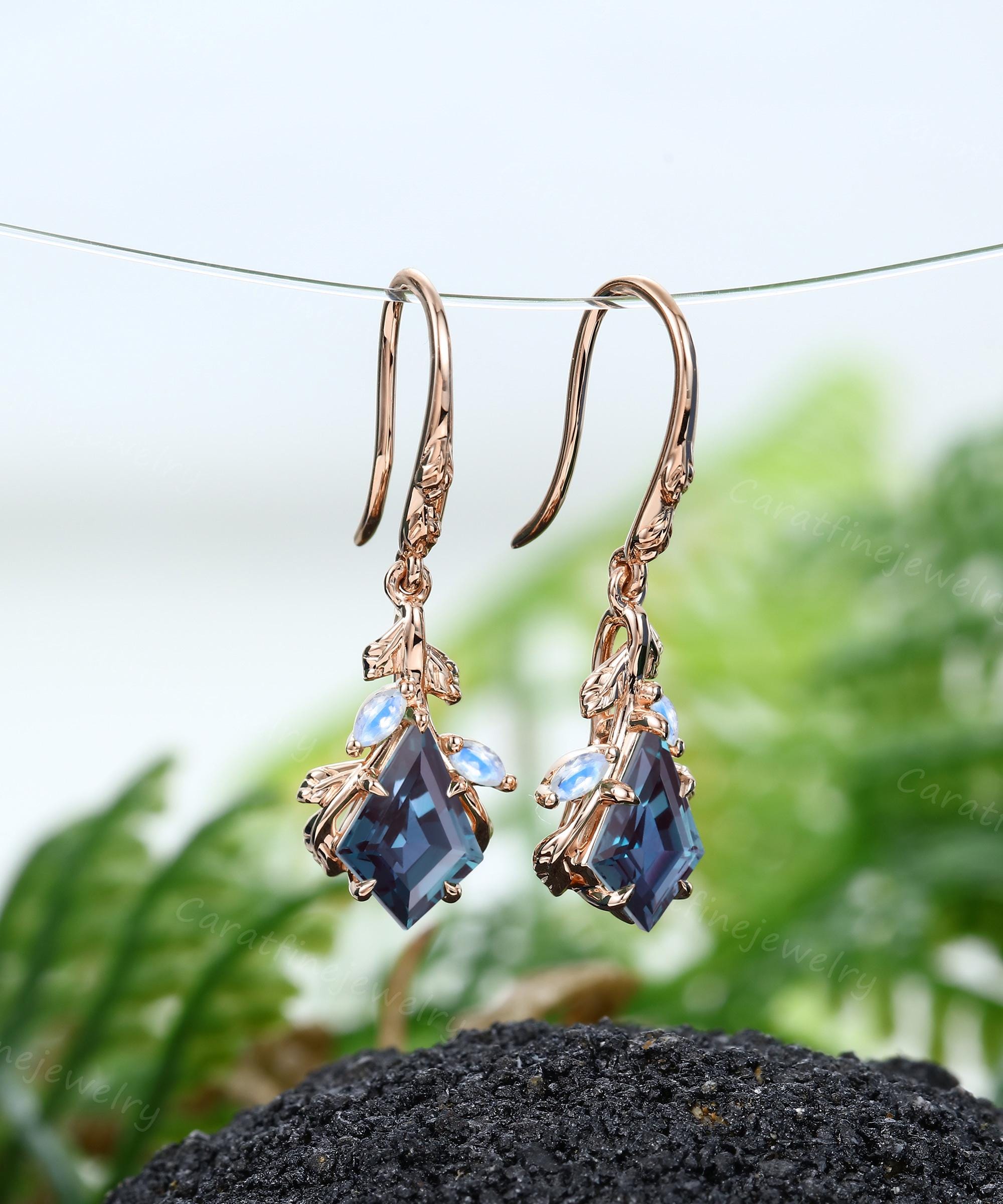 Kite cut Alexandrite Earrings Rose gold Leaf Nature Inspired earring Moonstone Earrings Bridal Jewelry promise gift June birthstone for her