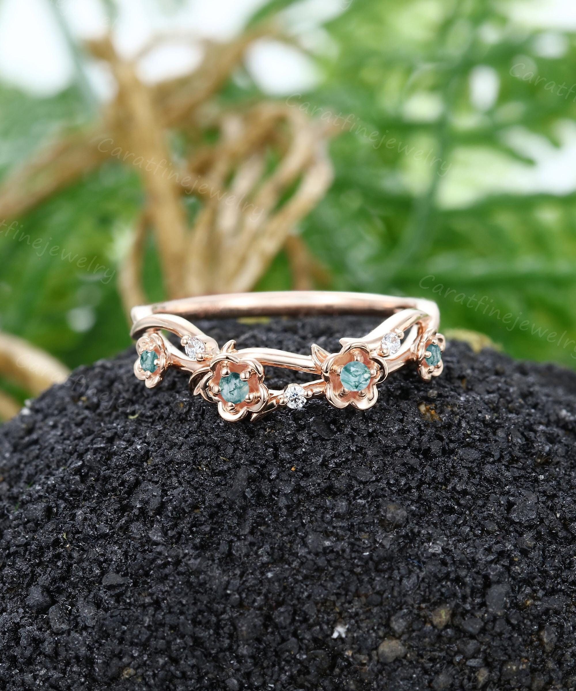 Floral Moss Agate Curved Wedding Band Unique Rose Gold Wedding