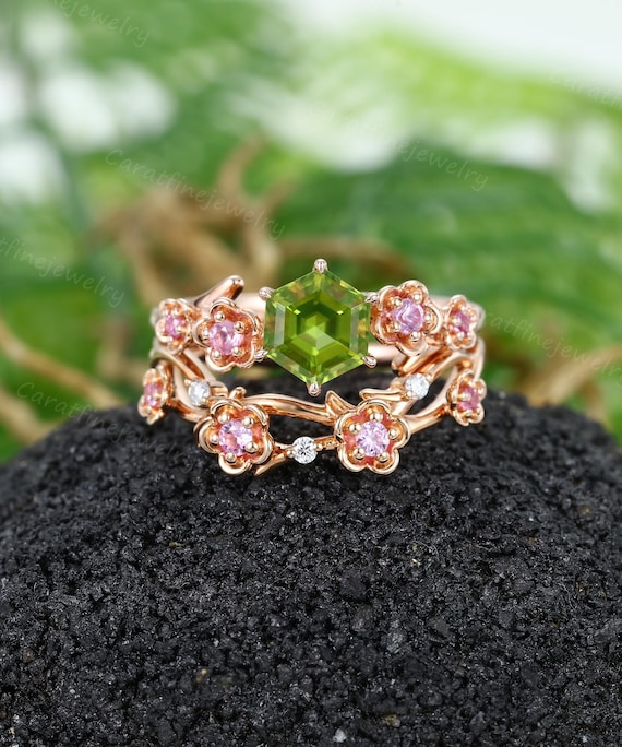 Hexagon Cut Natural Peridot Engagement Ring Set Vintage Rose Gold